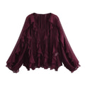 Women Casual Ruffled Shirt Women Loose Lace Up Hollow Out V Neck Tops Spring Blouses Women Clothes 4786063