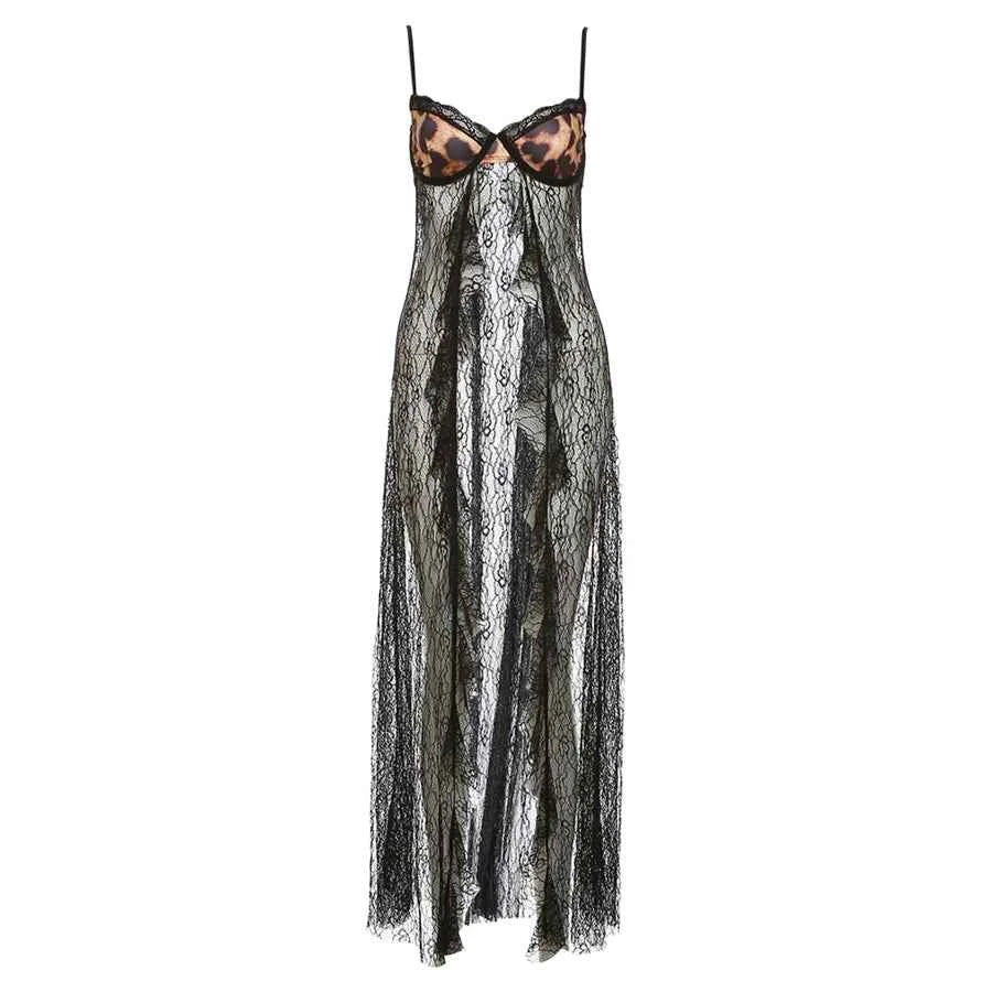 Weird Puss Backless Sexy Women Camisole Leopard Mesh Patchwork Ruffles Sexy Club Party Midnight Hot Girls Wild Coquette Maxi Top