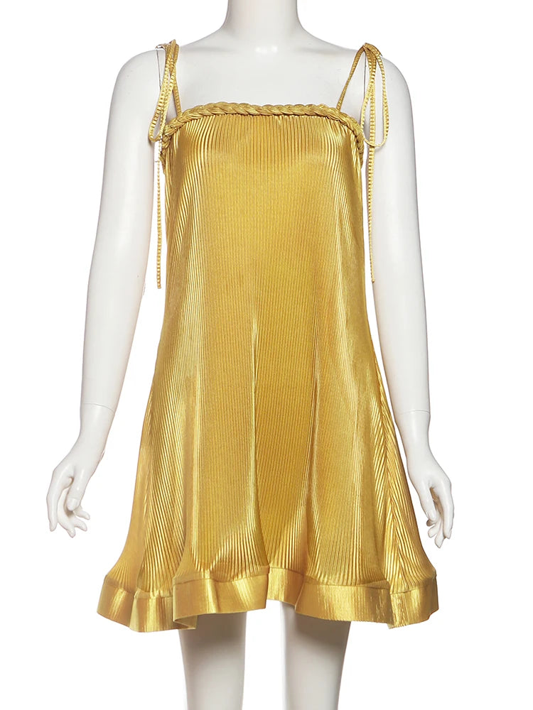 Cutenew Loose Stunning Women Mini Dress Summer Silky Ruffle Woven Strap Splice Sleeveless Vestidos Female Concise Party Frock