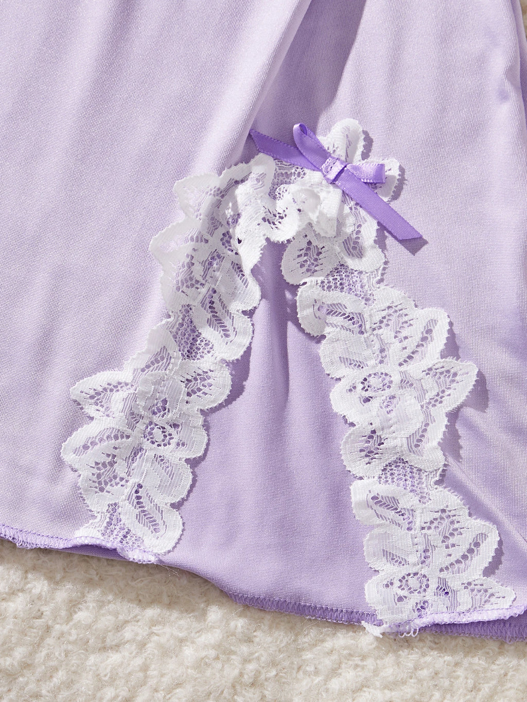 New Sexy Lingerie For Women Transparent Lace Patchwork Sleepwear Sling Elegant Nightwear Babydoll Side Slip Dress And Thong Set