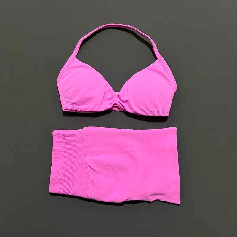 HISTELLO Gym Set 2 Piece Women Strappy Yoga Bra Top Workout Scrunch Shorts Sports Suit Fitness Clothes Seamless Yoga Set