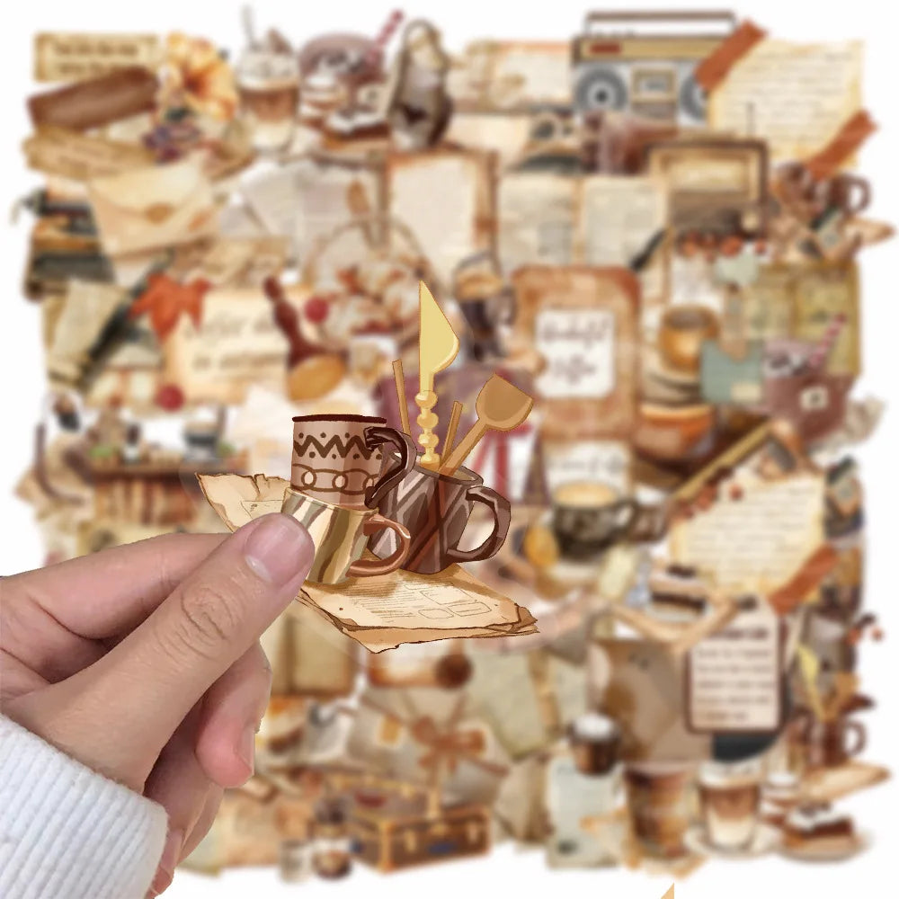 50pcs Retro Cafe Cartoon Graffiti Stickers Skateboard Water Bottle Notebook Mobile Phone Toy Decal Sticker PET Decoration