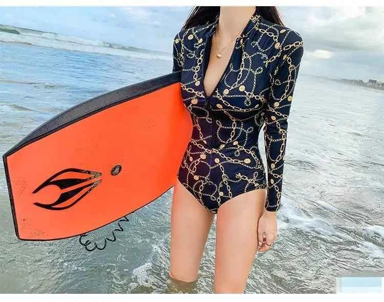 Style Diving Sun Protection Long-sleeved One-piece Ins Slimming Belly-covering Conservative Swimsuit for Women Jellyfish Suit