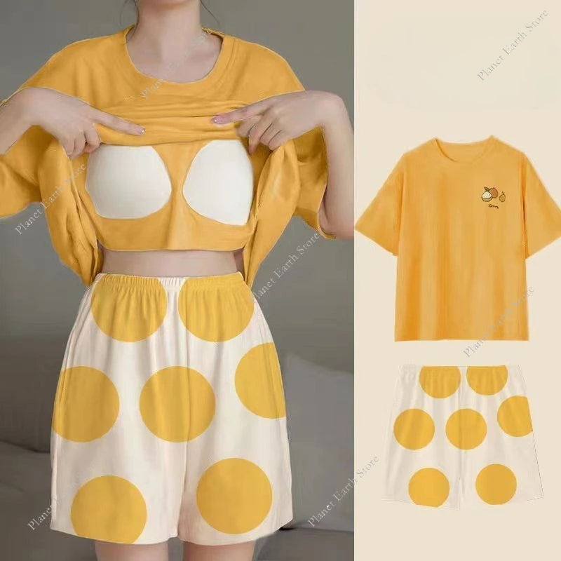 Summer Women's Pajamas Set Sleepwear 2 PCS - Short Tank Tops and Shorts with Chest Pad Womens Printing Pyjama Home Leisure Suit