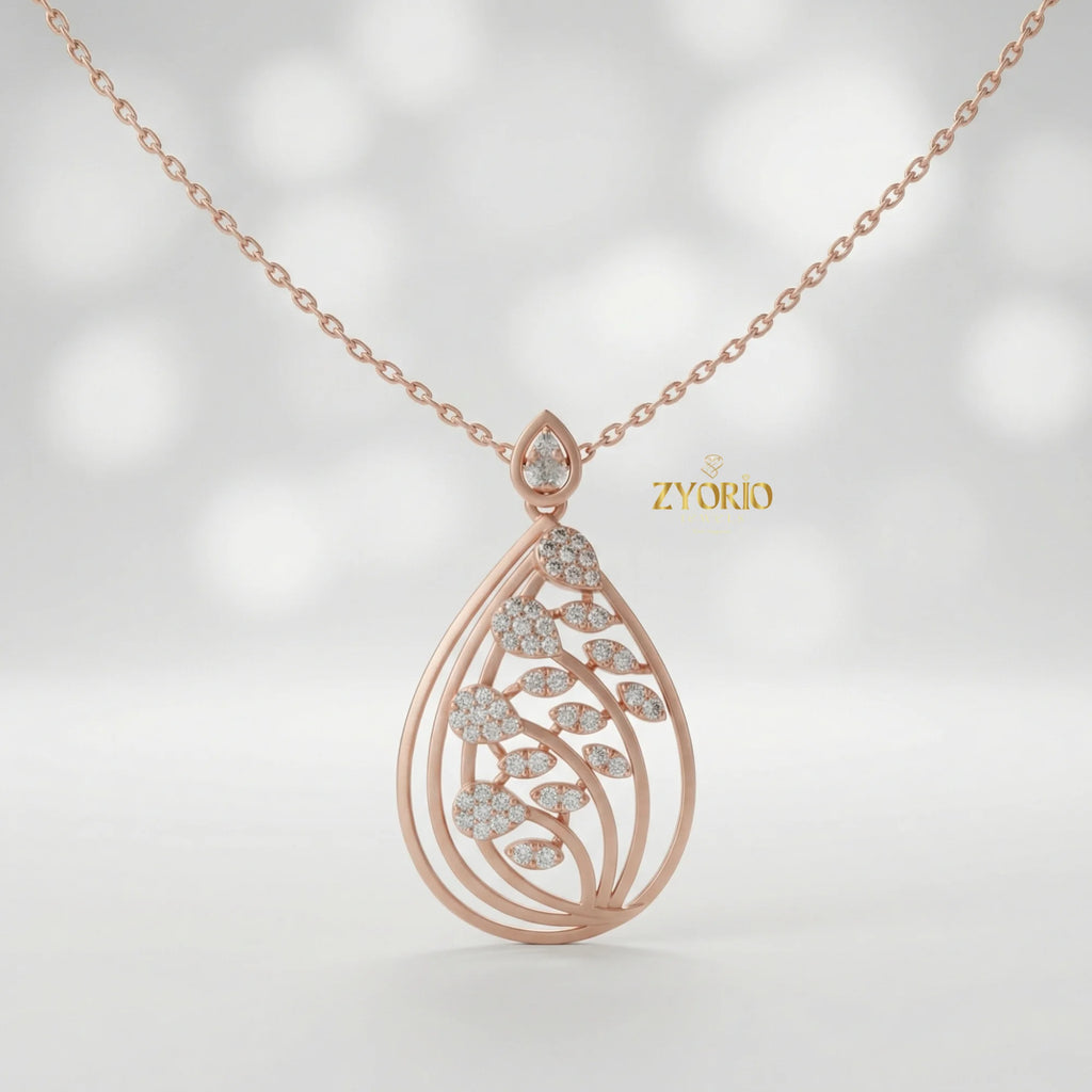 Leafy Teardrop Diamond Pendant Necklace with Link Chain Rose Gold Plated Luxury Women Engagement Wedding Party Jewelry