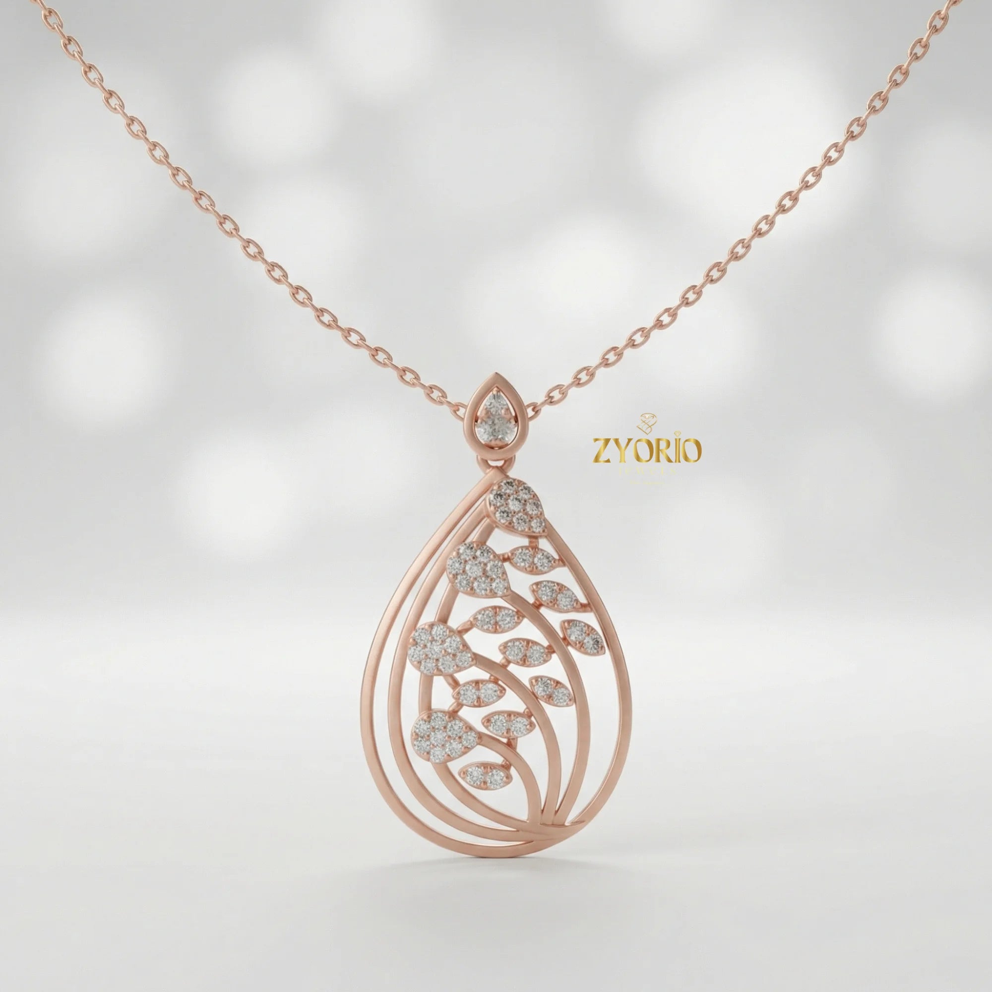 Leafy Teardrop Diamond Pendant Necklace with Link Chain Rose Gold Plated Luxury Women Engagement Wedding Party Jewelry
