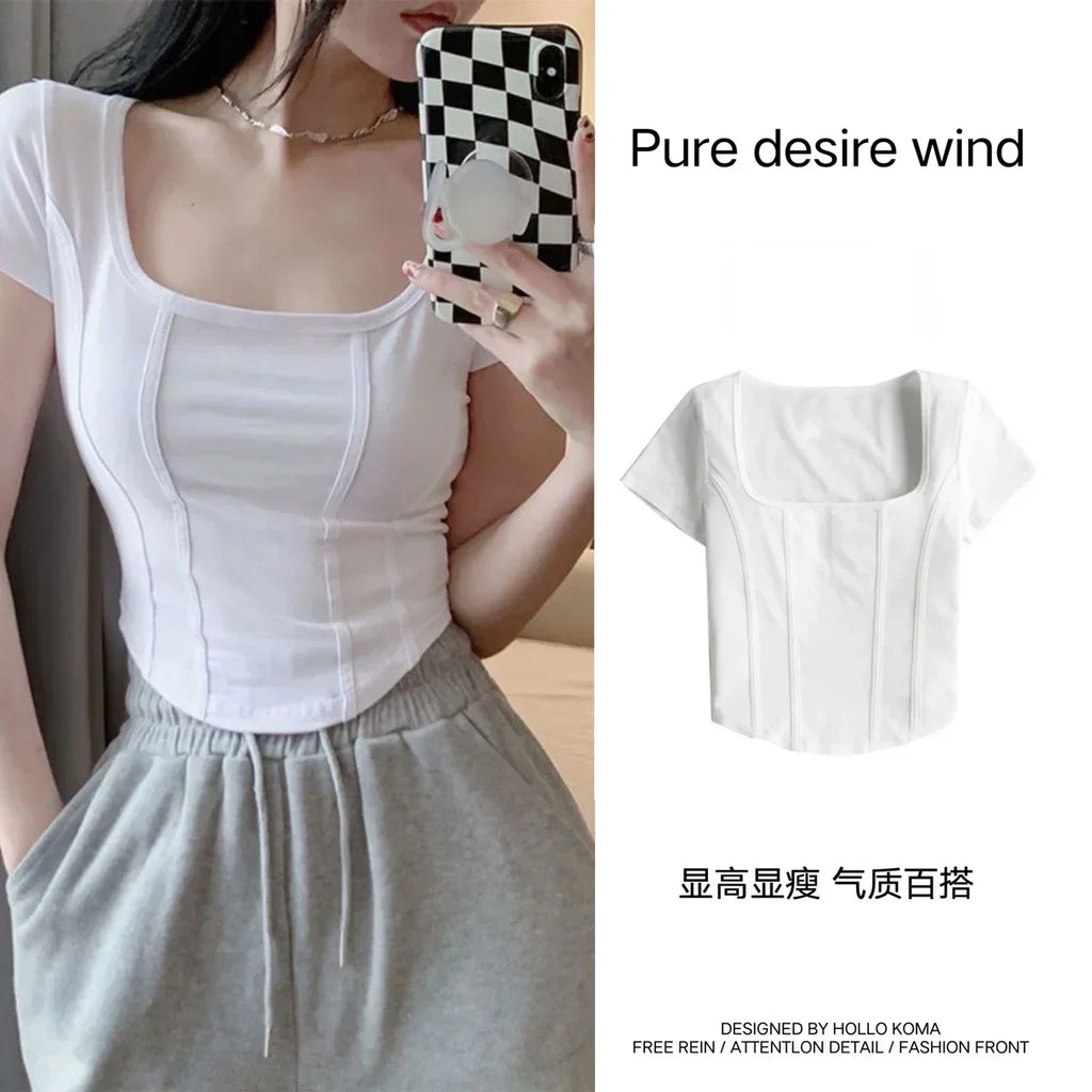 T Shirt Crop Top Women Summer 2026 Flowers Print Cotton Square Collar Pullovers Woman Short Sleeve Tees Slim Fit Sexy Top Female