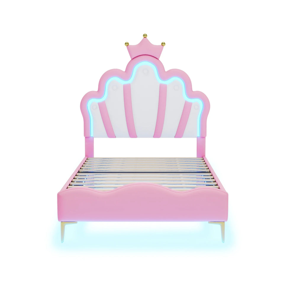 Comanlai Children's Bed  90x200cm with LED Light and Crown-shaped Headboard,Upholstered Bed with Slatted Frame,PU Leather,Pink