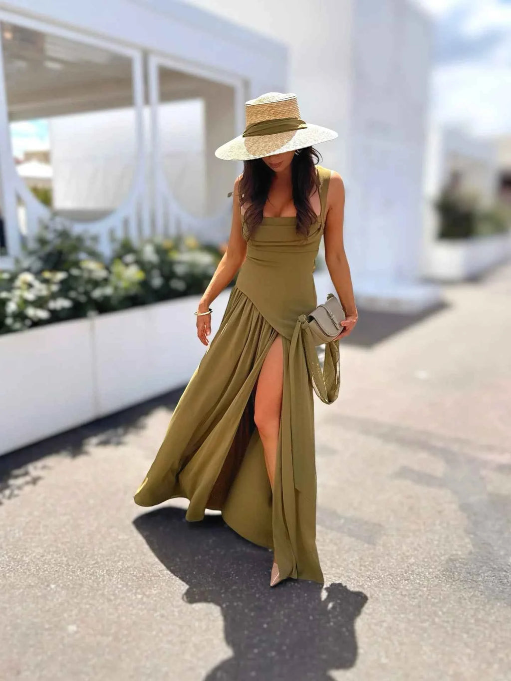 Suninheart Summer Elegant Olive Green Maxi Dress for Women Flowy Long Dress with Scarf Birthday Party Beach Graduation dress