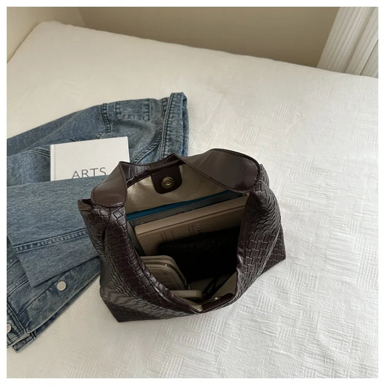 Women's Retro Artificial Leather Woven Pattern Shoulder Bag,Large Capacity Tote Bag,Casual Armpit Bag, Large Tote Bag,Daily Work