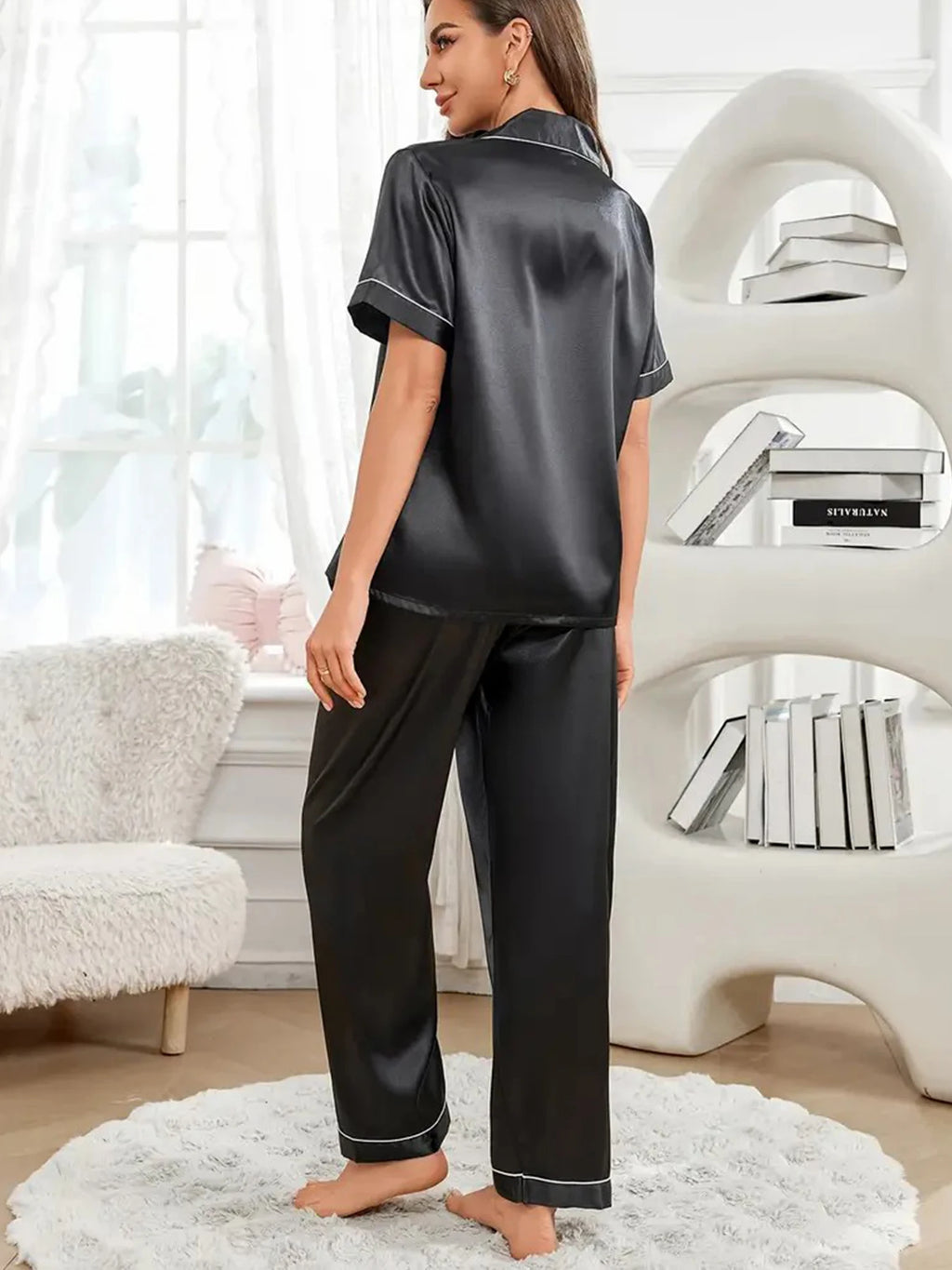 Women's Pajama Pocket Heart Embroidered Pajama Set Satin Comfortable Short Sleeve Button Pajama Lounge Pant For Women Sleepwear