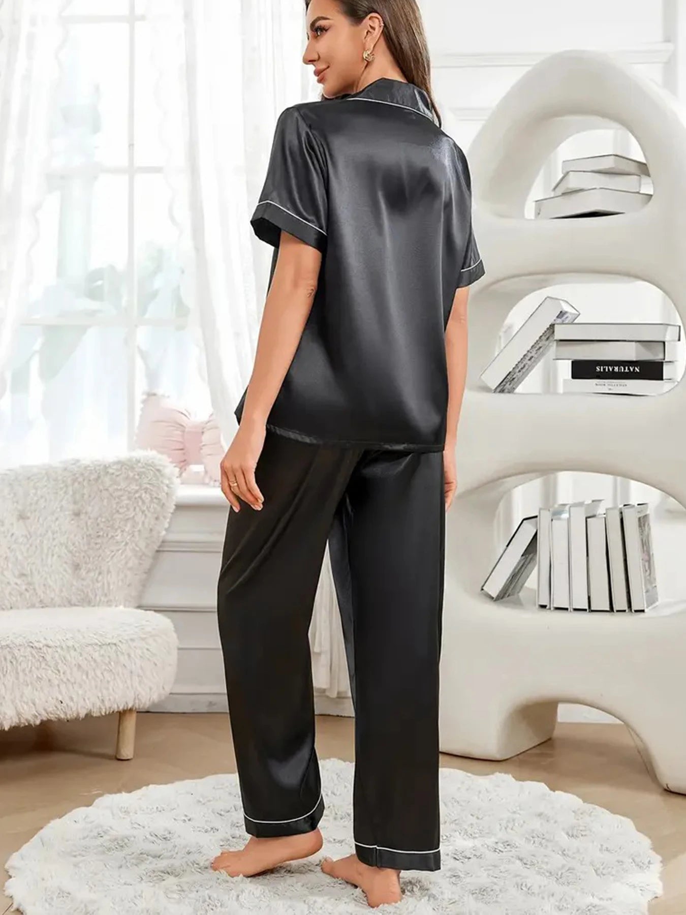 Women's Pajama Pocket Heart Embroidered Pajama Set Satin Comfortable Short Sleeve Button Pajama Lounge Pant For Women Sleepwear