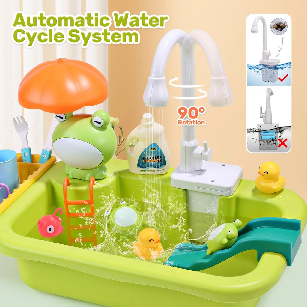 Kids Electric Kitchen Sink Toys with Running Water, Pretend Play Dishwasher & Fishing Toys, Educational Role Play Gift for Girls