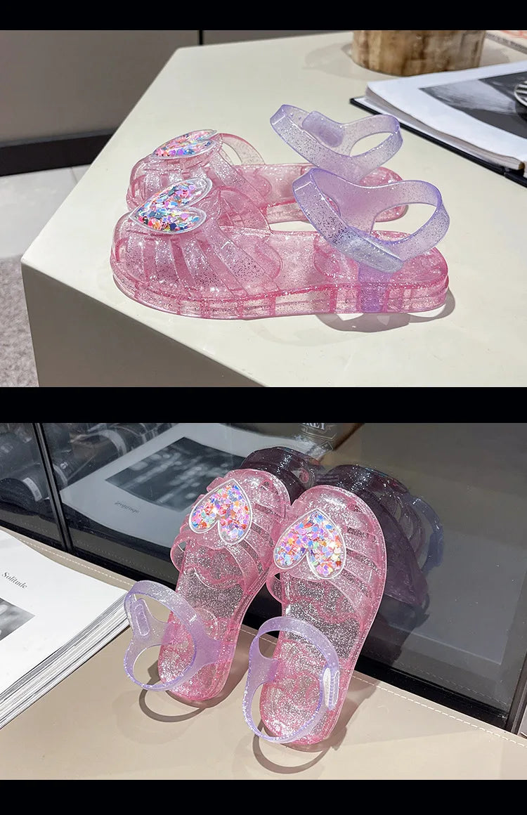 2026Kids' Sandals Ourdoor Crystal Jelly Shoes PVC Love Baby Fashion Flat For Girls Breathable Anti-slip Purple Sliver Size 24-35