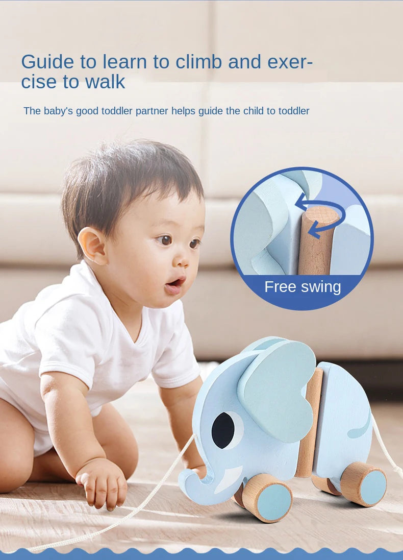 Wooden Children's Elephant Pulling Rope Cart, Towing Toys, Baby Boy and Baby Girl Toddler, Children's Gifts, Early Education Toy