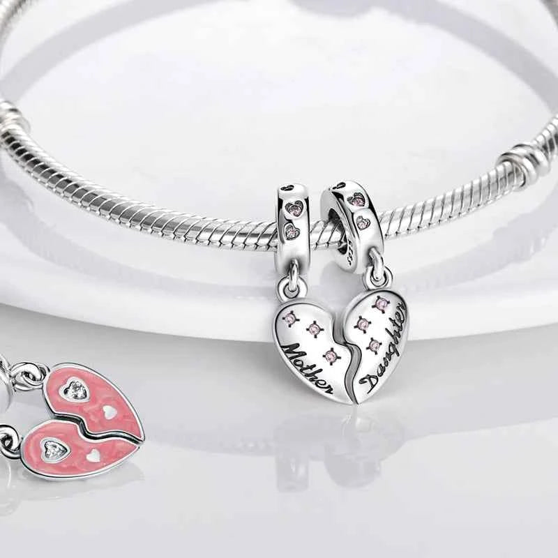 Original 925 Sterling Silver Charm Bead Mother's Day Love Heart Family Charm Bead Pendant Fits Bracelet Womens Jewelry Gifts