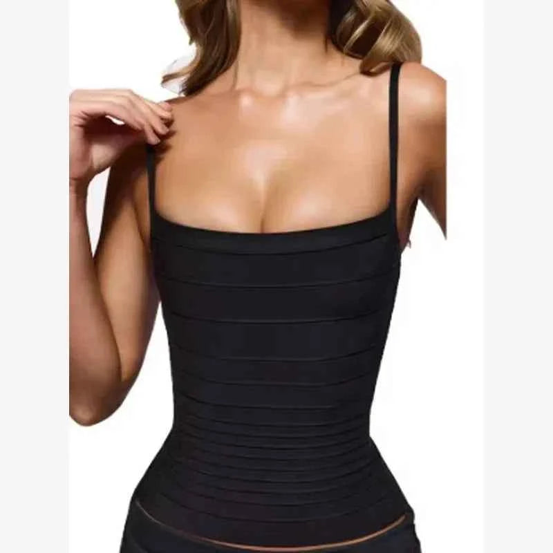 Women's Corset Tops Bandage Striped Spaghetti Strap Crop Top Square Neck Sleeveless Bodycon Stretch Partywear Chic Lady Clubwear