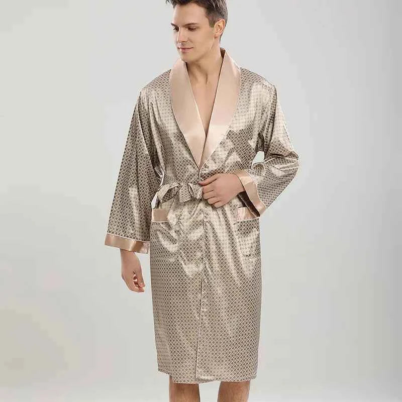 Plus Size 3XL 4XL 5XL Men Robe Sleepwear Navy Blue Stripe Kimono Bathrobe Gown with Pocket Summer Satin Home Clothes Lounge Wear