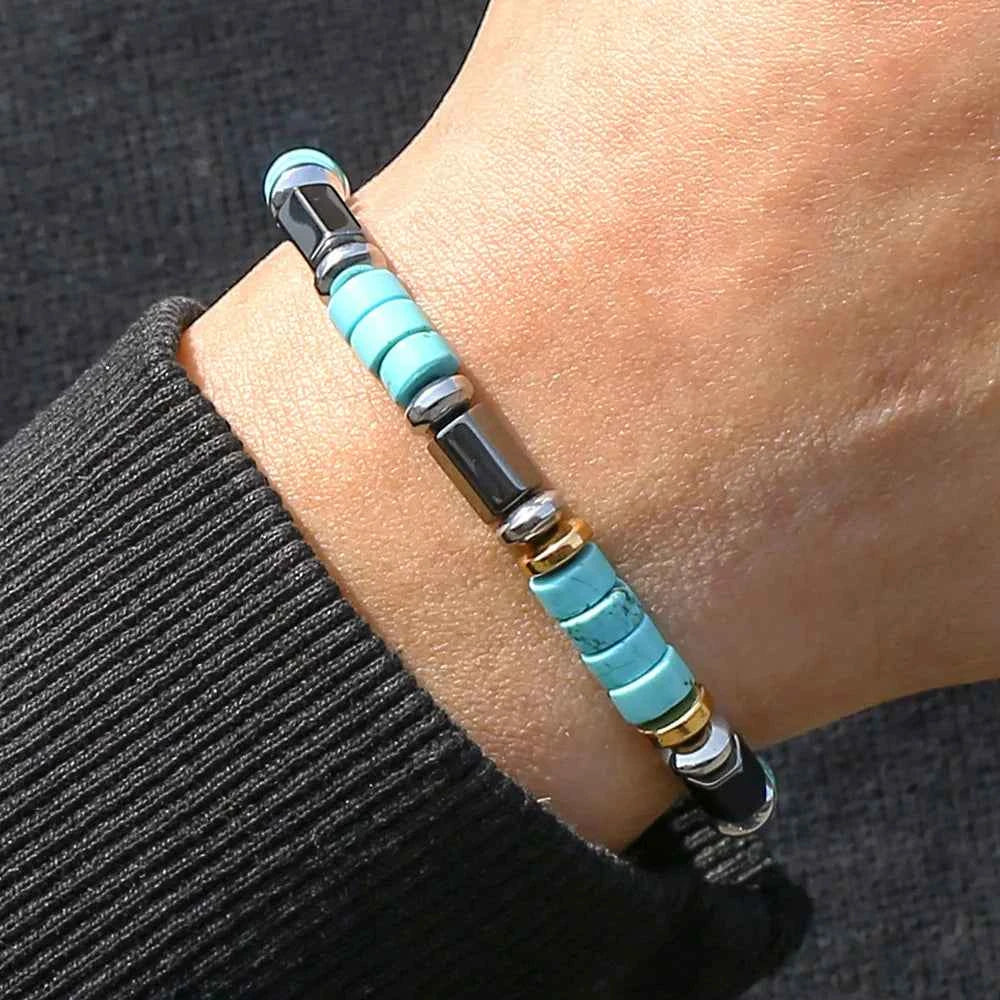 Fashionable turquoise black stone bead bracelet handmade elastic rope bracelet perfect gift for Christmas accessories