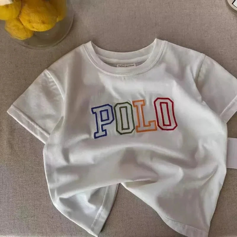 2025 Summer Kids Korean Style Simple 100% Cotton T Shirt for Children Trendy Letter Printed Tees Girls Daily Casual Sweatshirts