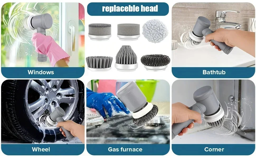 Electric Spin Scrubber, Bathroom Cordless Cleaning Brush Power Scrubber with 5 Replaceable Brush Heads, Electric Cleaning Brush
