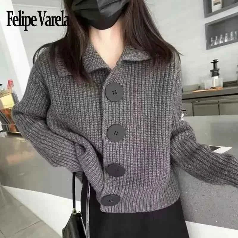 Temperament Fashion Sping Autumn New Sweaters Coats New Women Solid Lapel Button Korean Casual Long Sleeve Cardigan Knitted Tops