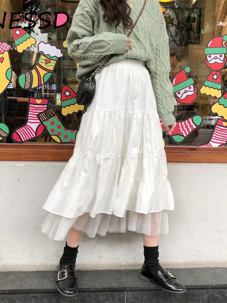 Long Tulle Midi Skirts Womens  Autumn Elastic High Waist Mesh Tutu Pleated Skirts Female Black White Long Skirt Streetwear