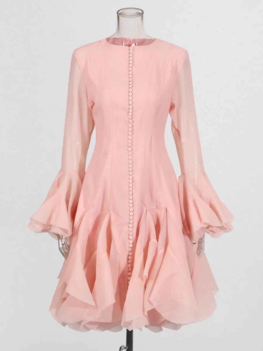 TWOTWINSTYLE Solid Spliced Button Slimming Dresses For Women O Neck Long Sleeve High Waist Patchwork Ruffles Female Fashion New