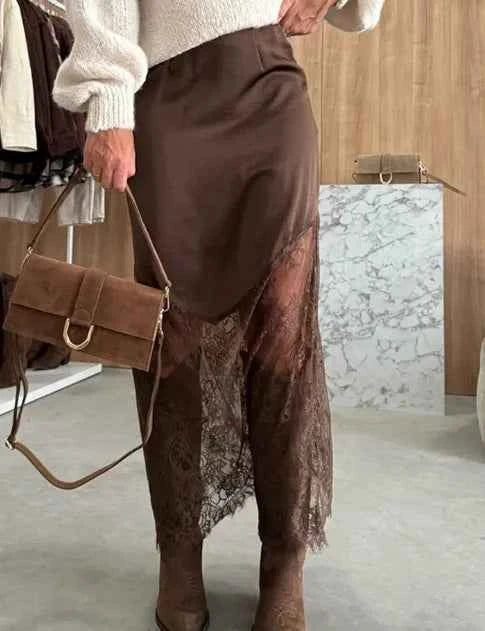 Sexy Lace Patchwork Long Skirt Women Elegant Fashion Solid Waist Cinched Mid-length Bottom Lady 2025 Party Daily Street Skirts