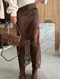 Sexy Lace Patchwork Long Skirt Women Elegant Fashion Solid Waist Cinched Mid-length Bottom Lady 2025 Party Daily Street Skirts
