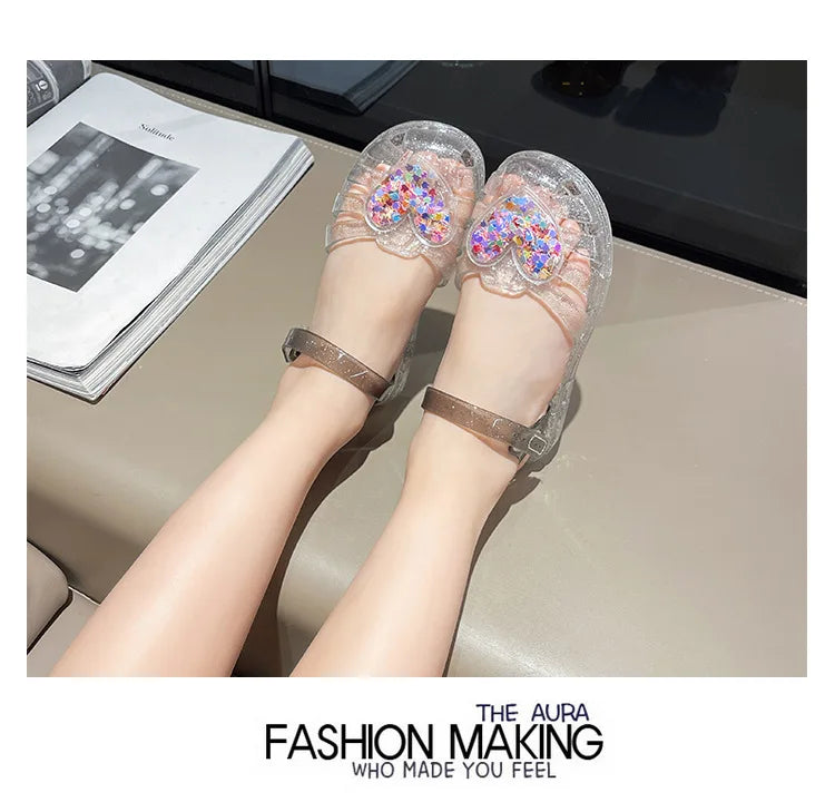 2026Kids' Sandals Ourdoor Crystal Jelly Shoes PVC Love Baby Fashion Flat For Girls Breathable Anti-slip Purple Sliver Size 24-35