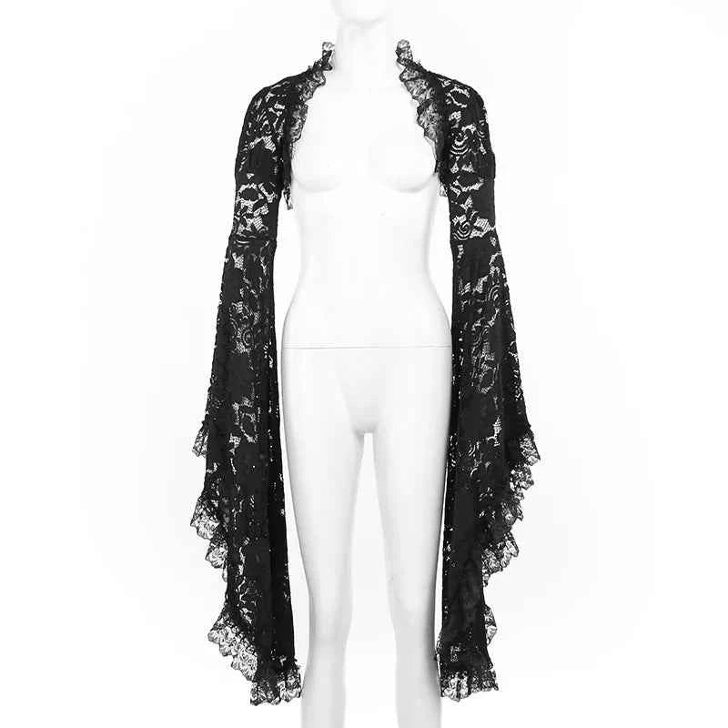 Gothic Classic Lace Cover Ups Women Mesh Crop Top See Through Sexy Flare Sleeve Blouse Y2k Black Rave Outfit Festival