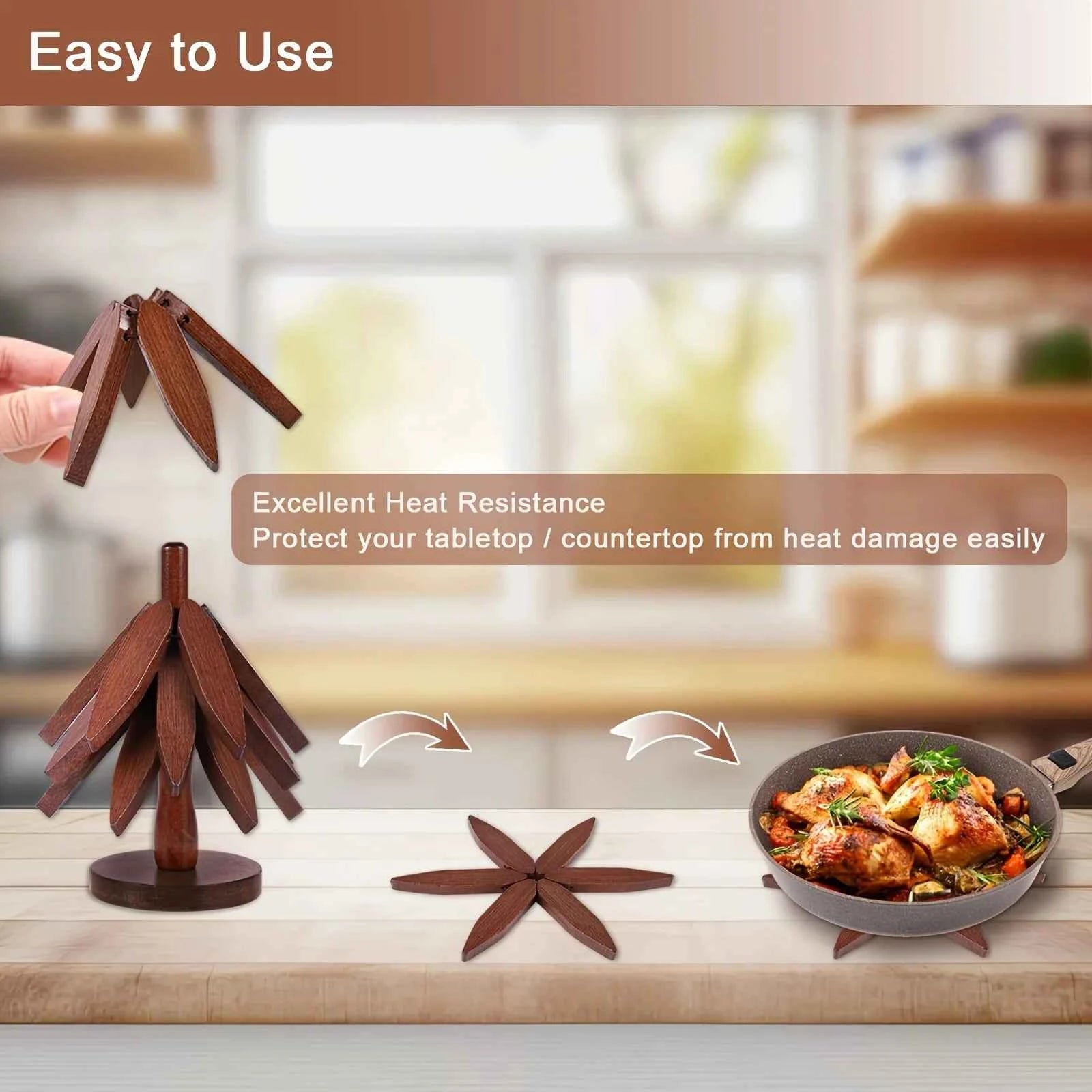 Tree Shape Wooden Trivet Set 4 Trivets + 1 Stand for Hot Dishes Natural Foldable Kitchen Trivet for Pot Bowl Teapot Hot Pot Hold