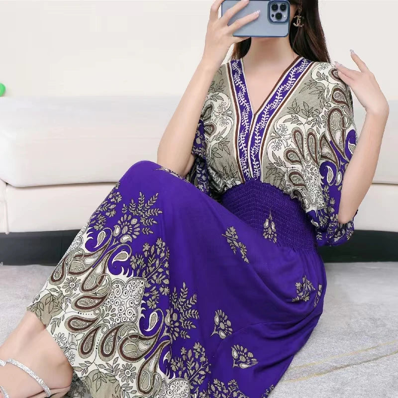 Colorful Flower V-neck Elastic Youthful Bohemian Sweet Midi Dress Woman Clothes Chic Fashion Summer Dresses 2025 Large Swing Ski