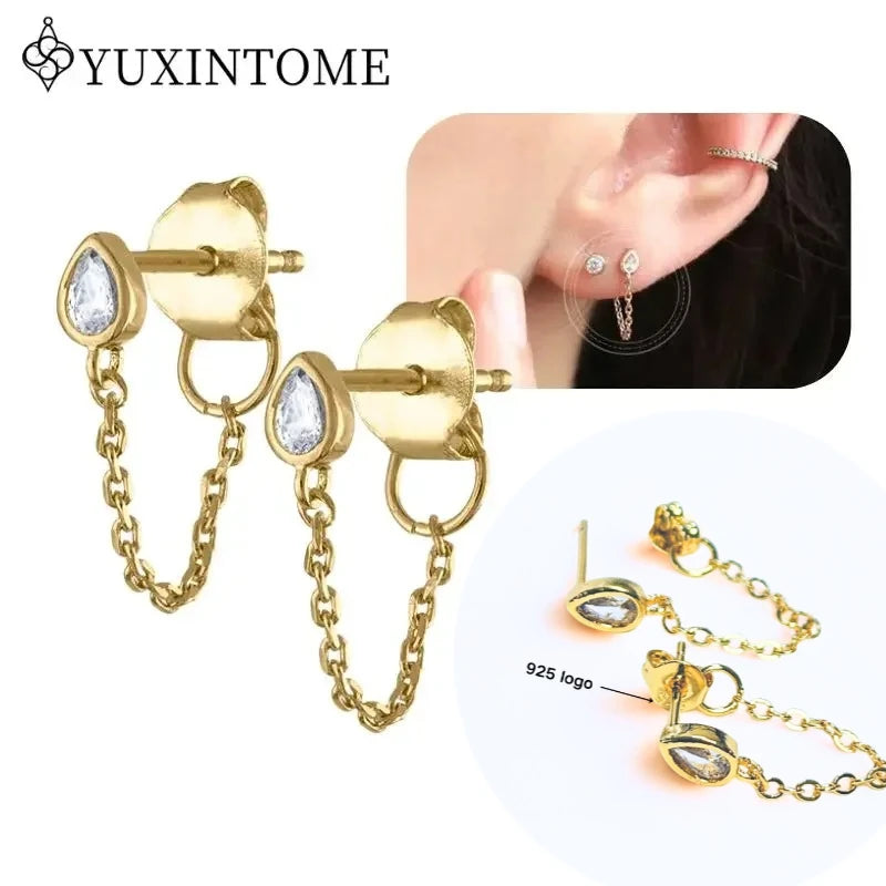 Women's 925 Sterling Silver Ear Needle Crystal Zircon Water Droplets Stud Hoop Gold Huggie Earrings Premium Luxury Party Jewelry