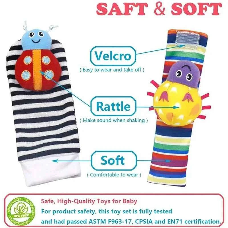 4pcs Baby Toy 0-12 Months Baby Rattles Toys Animal Socks Wrist Strap + Rattle Baby Foot Socks Bug Wrist Strap Baby Socks New
