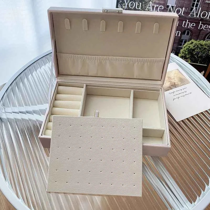 Large Square Jewelry Box Solid Color Leather Lock Boxes Earrings Necklace Bracelet Storage Display Boxes Travel Portable