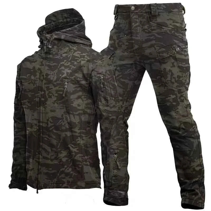 Winter Autumn Tactical Jackets Elastic Men Fleece Waterproof Suits Fishing Warm Hiking Camping Tracksuits Set Hood Coat S-5XL