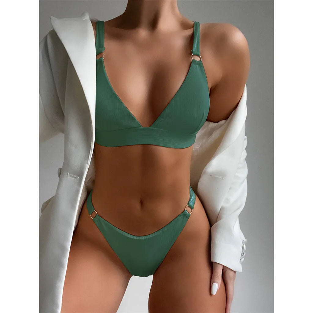 Sexy High Leg Cut Ribbed Bikini Women Swimwear Female Swimsuit Two-pieces Bikini set Padded Bather Bathing Suit Swim Lady V3255