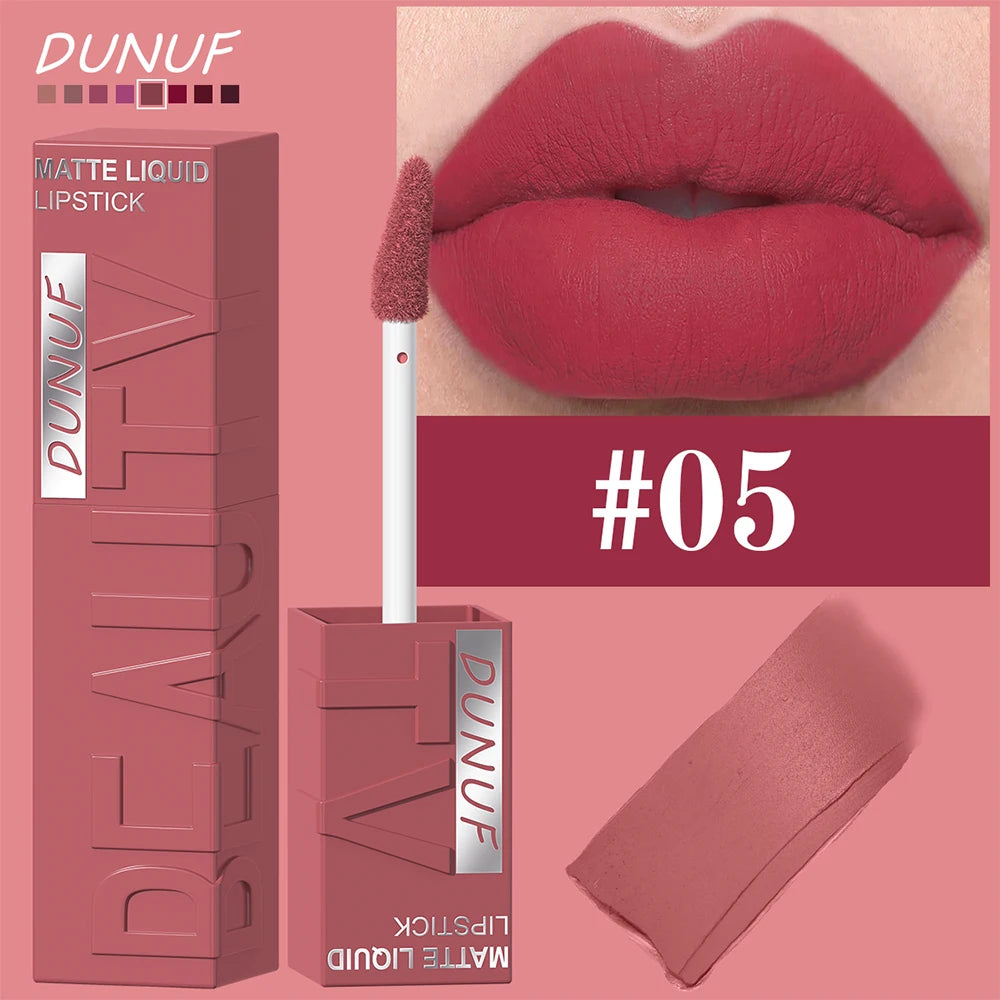 DUNUF  8-color matte velvet smooth easy-to-apply square tube lip gloss waterproof three-dimensional plumping lipstick