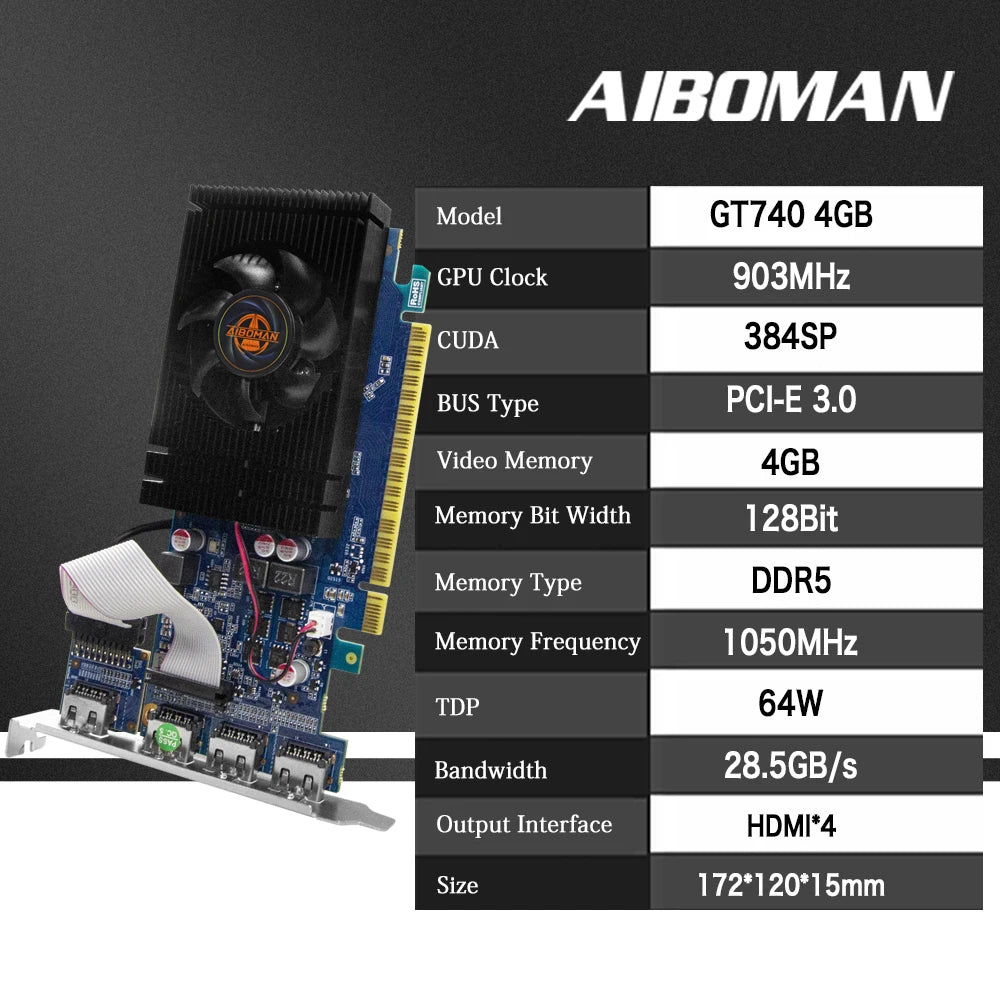 AIBOMAN GT740 4GB GDDR5 HDMI*4 128Bit 64W PCl Express 3.0 X16 Cards Memory Suitable for Computer Video Gaming Assembly Accessori