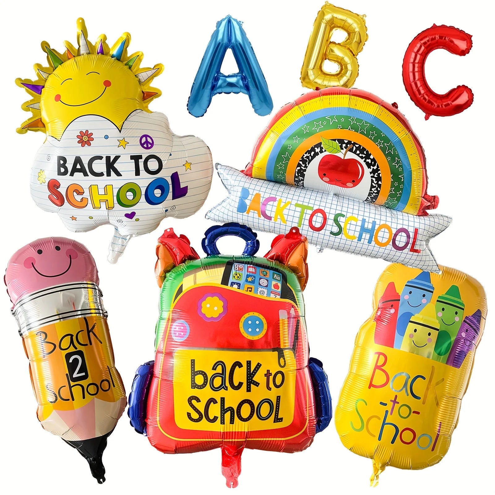 8Pcs Back To School Foil Balloons Large School Bag Pencil Crayon ABC Balloons for Kids Classroom First Day of School Decoration