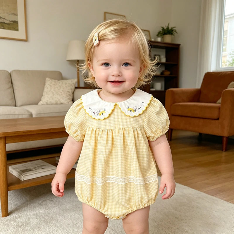 2026 Summer Baby Girl Embroidered Collar Bodysuits 0-24M Baby Girl Romper Newborn Short Sleeved Baby Girl Yellow Jumpsuit