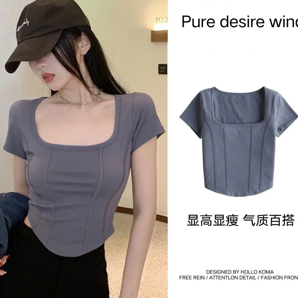 T Shirt Crop Top Women Summer 2026 Flowers Print Cotton Square Collar Pullovers Woman Short Sleeve Tees Slim Fit Sexy Top Female