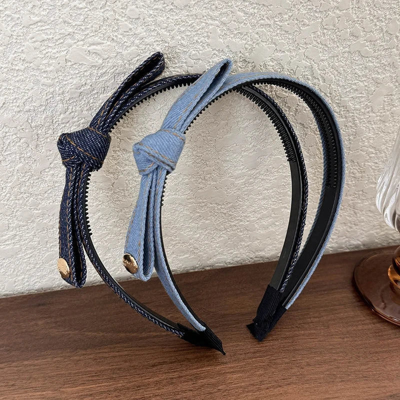Elegant Denim Blue Bow Hairband with Tooth Retro Headband for Women Girls Hair Bands Hair Accessories