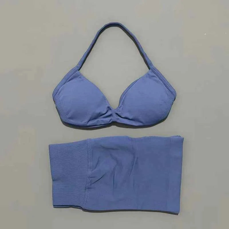HISTELLO Gym Set 2 Piece Women Strappy Yoga Bra Top Workout Scrunch Shorts Sports Suit Fitness Clothes Seamless Yoga Set