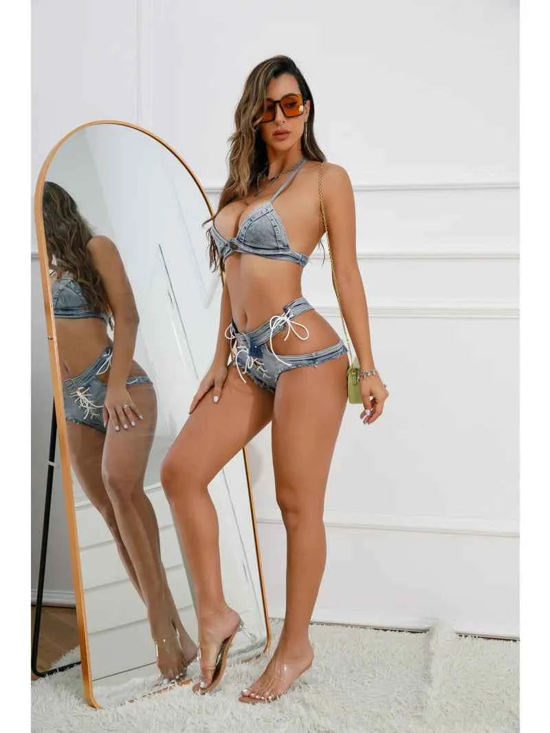 Sexy Hollow Out Women Denim Shorts Hole Bandage Night Club Pole Dance Hot Jeans Lace-Up Shorts Charming Elegant Beautiful 45ZK