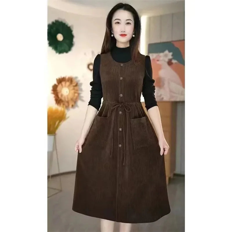2024 Winter Fake Two piece Corduroy Dress Stylish Women's Dress Draw pleats Slim Waist Dress Women's Retro Knee Over Middle Long