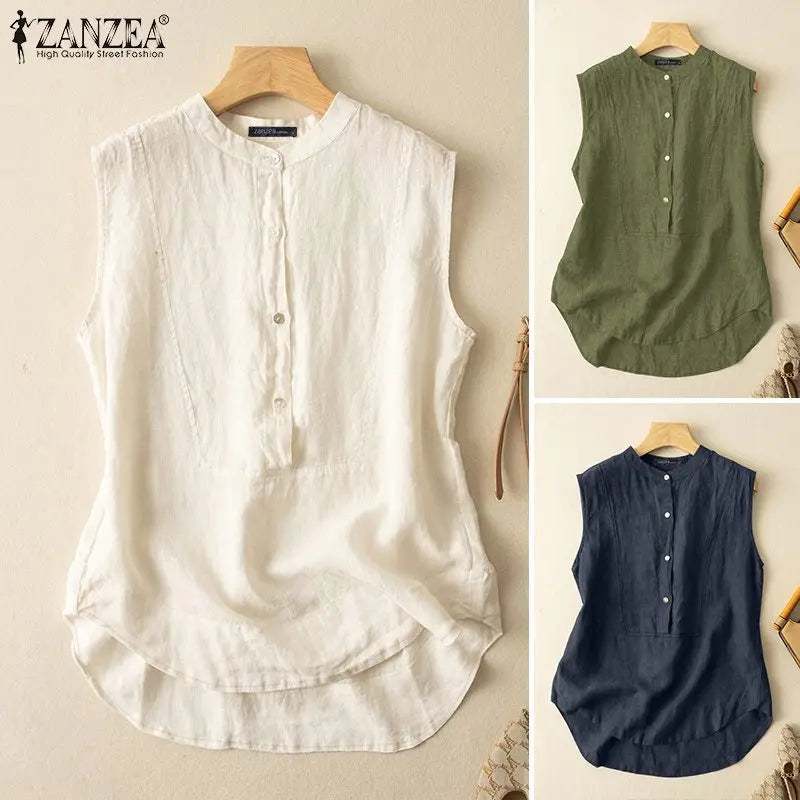Women Summer Sleeveleess Solid Blouse Elegant Shirt ZANZEA Fashion Tanks Tops Female OL Work Blusas Tunic Casual Camis Vest 2024