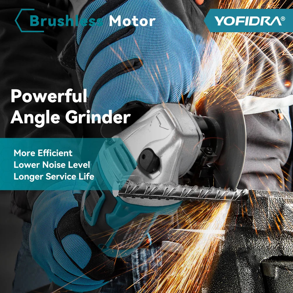 YOFIDRA 4 Gears Brushless Angle Grinder 125mm Cordless Cutting Polishing Cutting Machine Power Tool For Makita Battery Pin